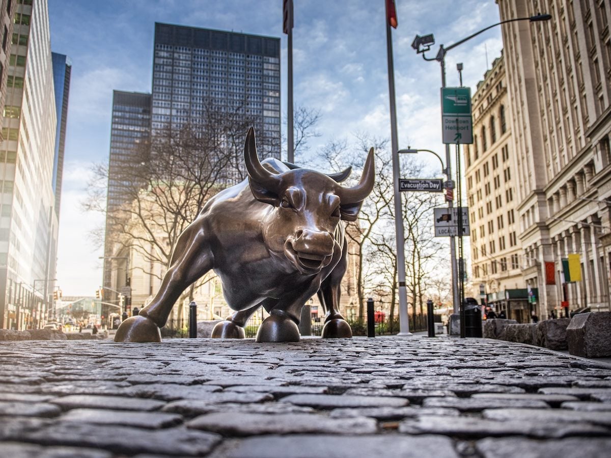 Charging Bull sculpture on March 24, 2020 on empty streets of New York City 