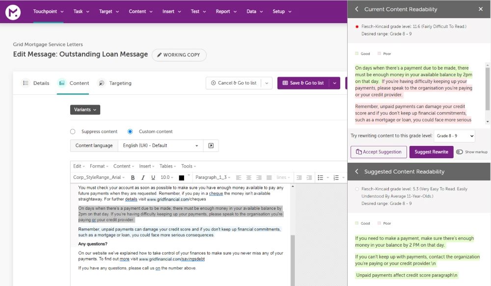 Screenshot showing Messagepoint's content-generating technology.