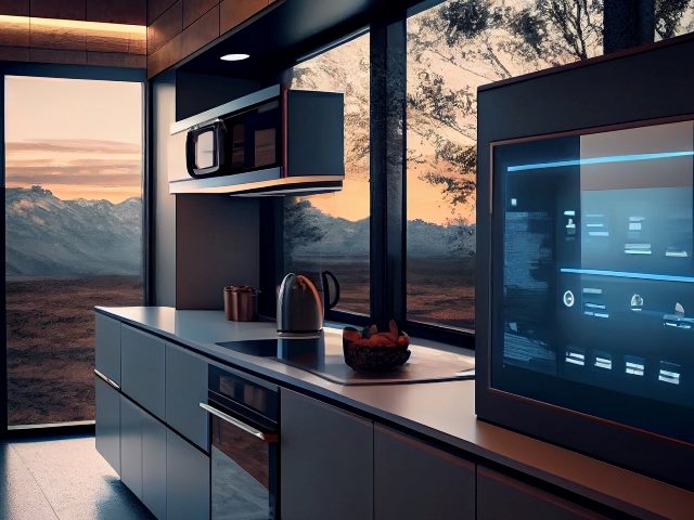 A modern smart kitchen with smart appliances with neon lights and panoramic windows showing background of mountains and a sunset.
