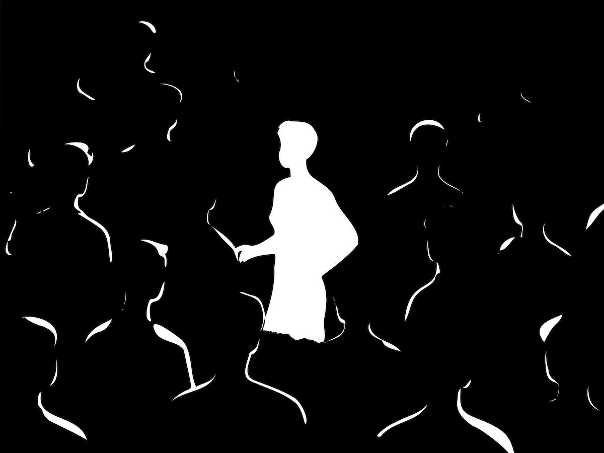 social invisibility with a group of fading people and one person standing out in a crowd