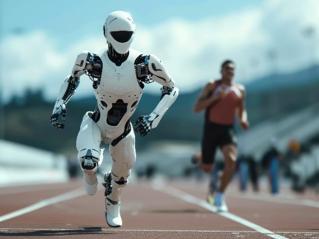 A robot running on a track ahead of a human, generated with AI.