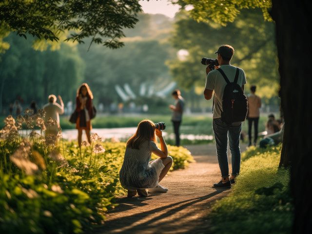 Two photographers taking photos in a park (AI).