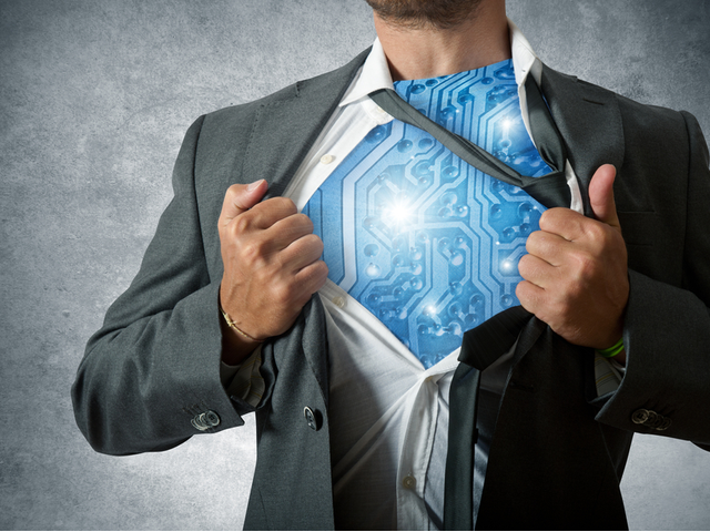 A superhero marketer pulling open his shirt to reveal an AI computer circuit chest - AI in marketing concept