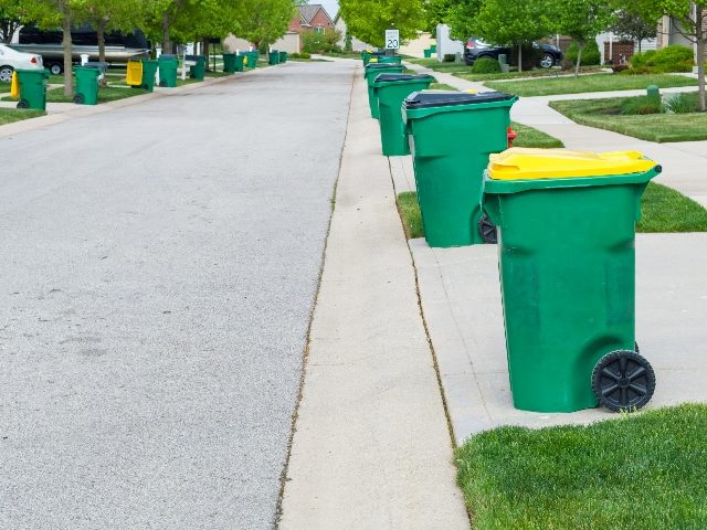  Row of garbage bins lined up along the roadside on each side.