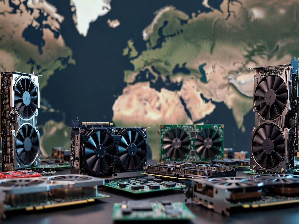 GPUs sitting on a table in front of a world map
