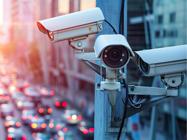 Surveillance cameras looking over a street 
