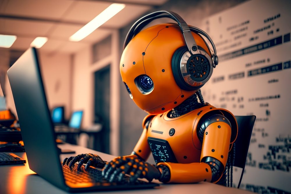 A cute orange robot sits at a desk in an office typing on laptop, in piece about the impact of AI on jobs, creativity and ethics.