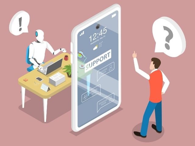 Illustration of a man interacting with an AI bot via a smartphone