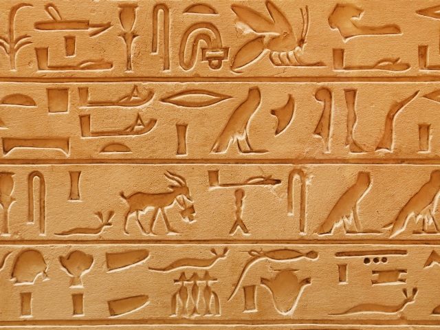 Ancient Egyptian hieroglyphics, or pictorial writing, carved into orange gold sandstone, the pictographs show representations of insects, slugs, goats, humans, human body parts, amphoras, owls, and many more. 