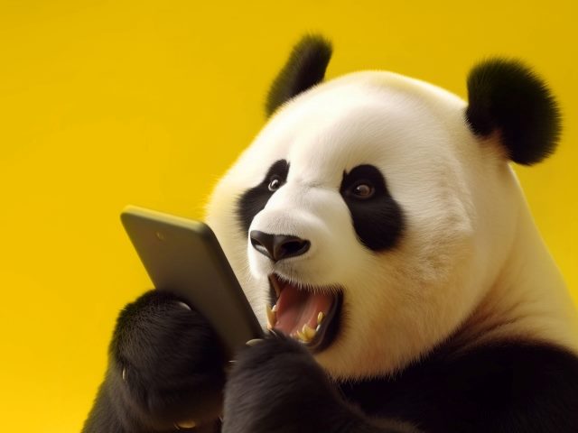 Panda shouting through megaphone isolated on yellow background. Generative ai