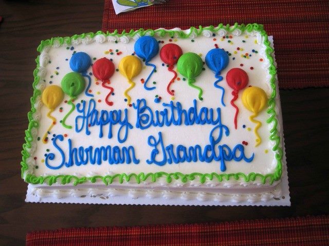 Birthday cake with "Happy Birthday Sherman Grandpa" written on it