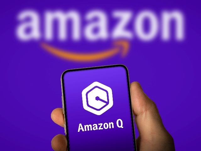 The Amazon Q logo and name displayed on a smartphone with the Amazon logo and name on a purple background in a piece about the introduction of Amazon's new Q AI chatbot for business, 