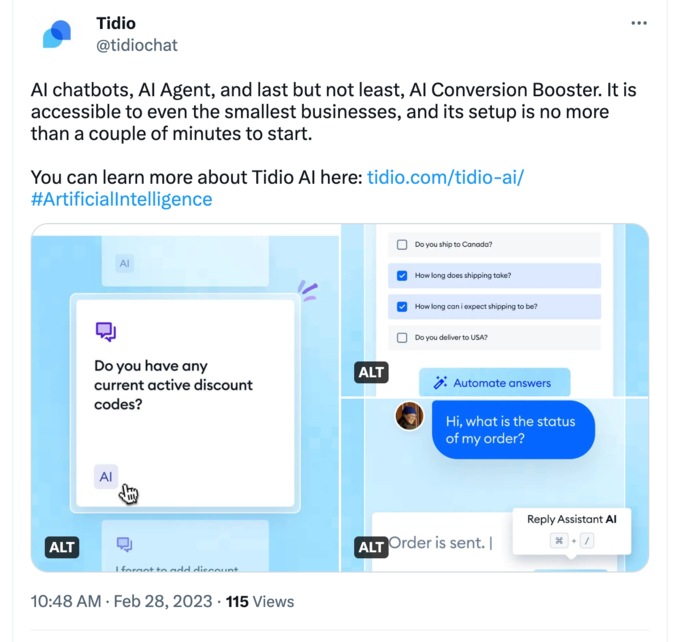A tweet showing off the Tidio interface, a conversational AI chatbot platform.