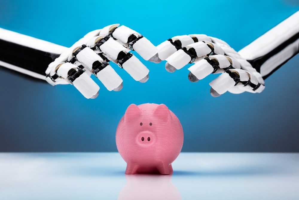 Two robot hands protectively shield a pink piggy bank, suggesting the power of AI in customer experience.