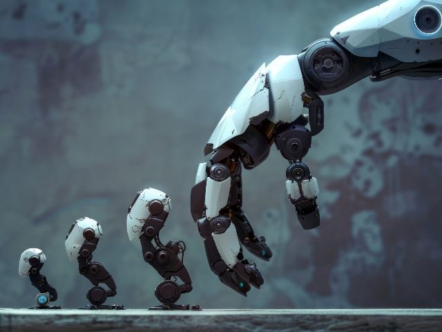 Image of process of evolution of robotic arms from small old to big and modern.