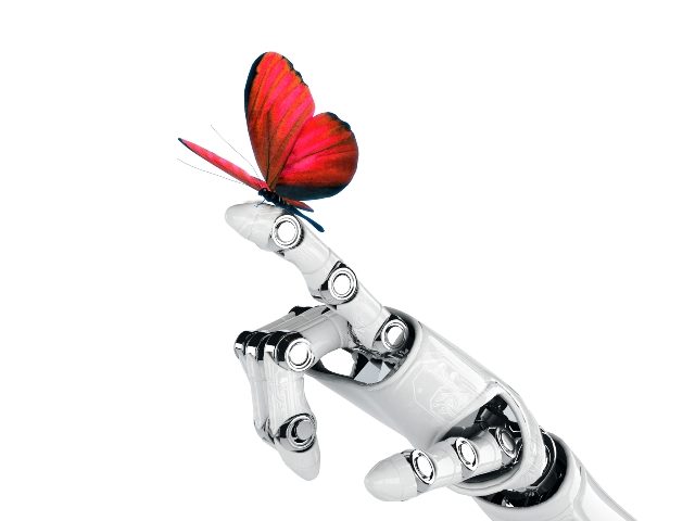 A white robotic hand reaches out as a red butterfly alights on the index finger against a white background.