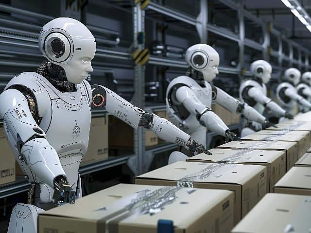 Group of humanoid robots packaging boxes in an industrial warehouse, in an image generated by AI. 