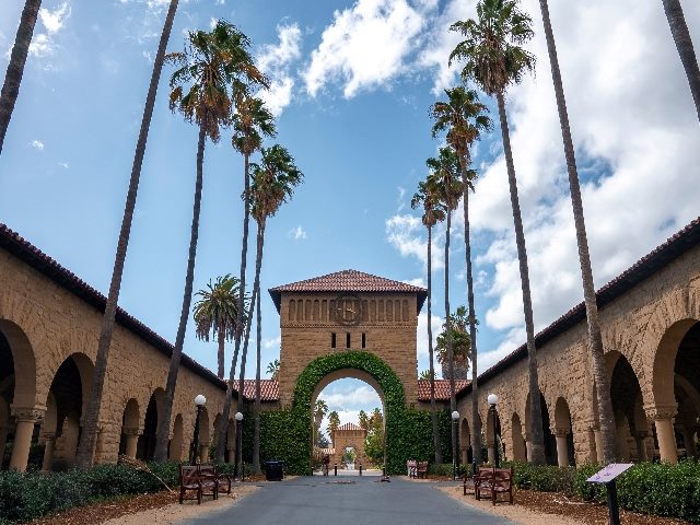 Empty road amidst palm trees and plants leading toward arched built structure with ivy and clock at Stanford University campus with sky in the background. 