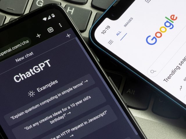 Home page of ChatGPT on a mobile device, next to a home page of Google on another mobile device. 