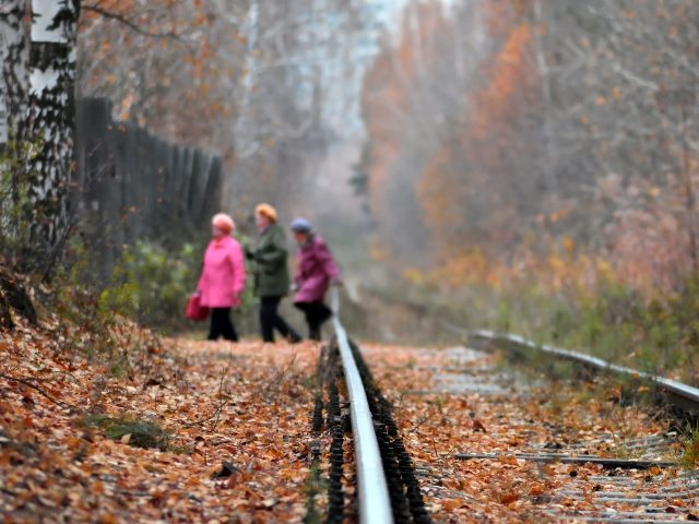 With fall leaves on the ground, a train track in the foreground with three women walking in the blurred-out background.