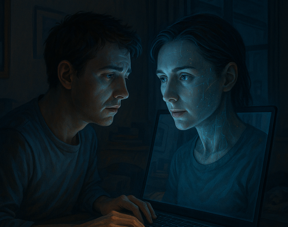 A man looking at a laptop screen where a woman seems to be coming out through the screen