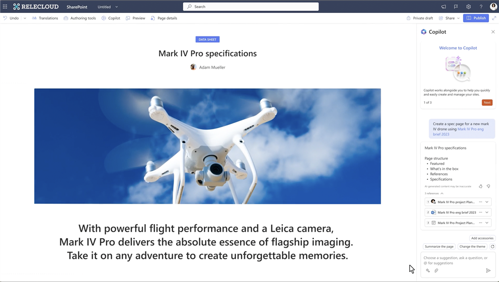 copilot generating a webpage based on a text prompt