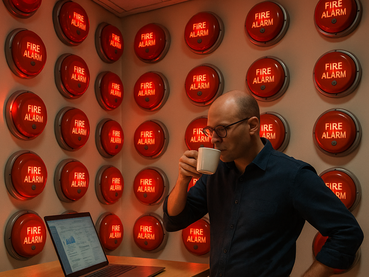 A man stands calmly in a room filled with red fire alarms mounted on the walls, sipping coffee while looking at a laptop displaying data charts. 