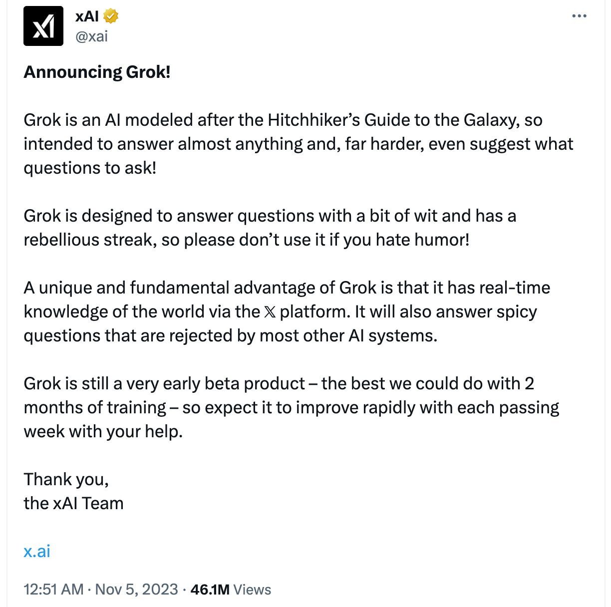 Grok announcement tweet from xAI