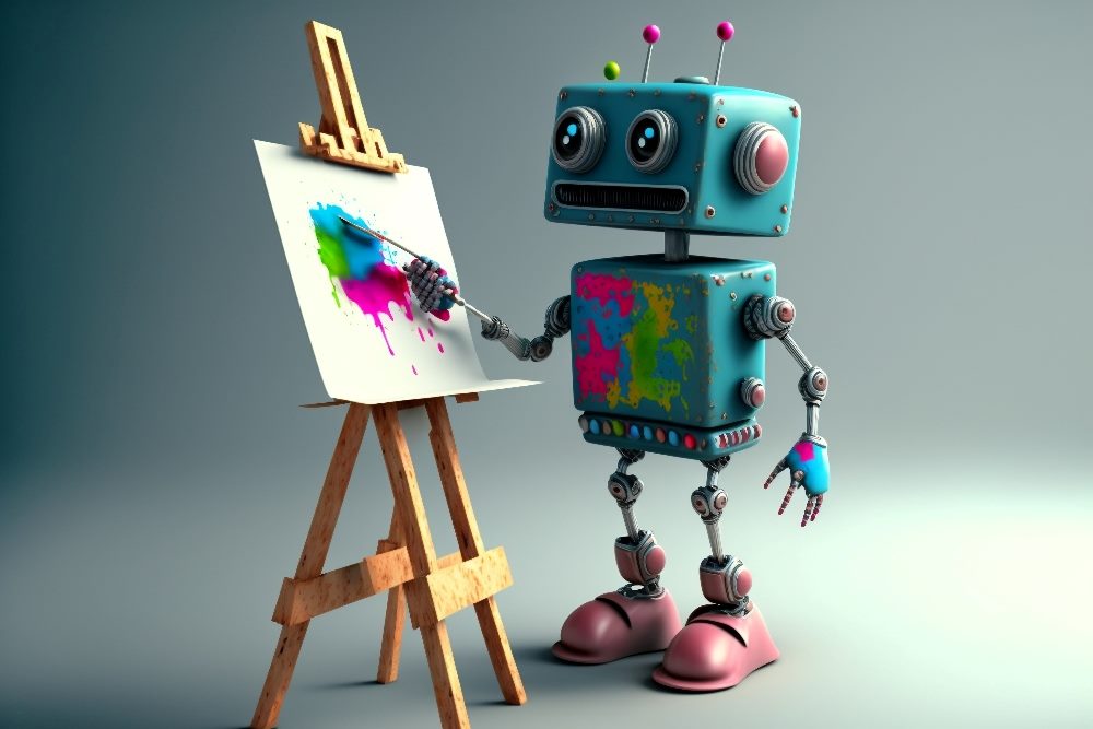 A cute blue robot paints bright colors on a canvas resting on an easel, suggesting AI in the workplace is raising concerns about creativity.