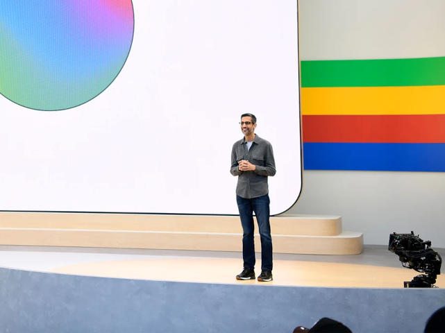 Sundar Pichai on stage at Google I/O 2024.