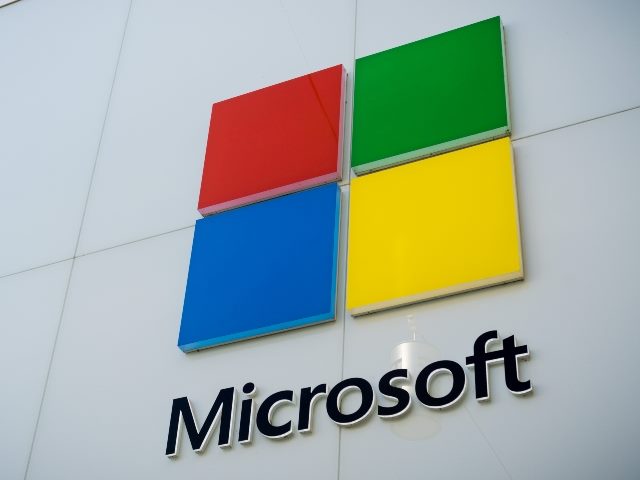 Microsoft logo on a store building situated at Stanford Shopping Center, Silicon Valley, San Francisco Bay area.
