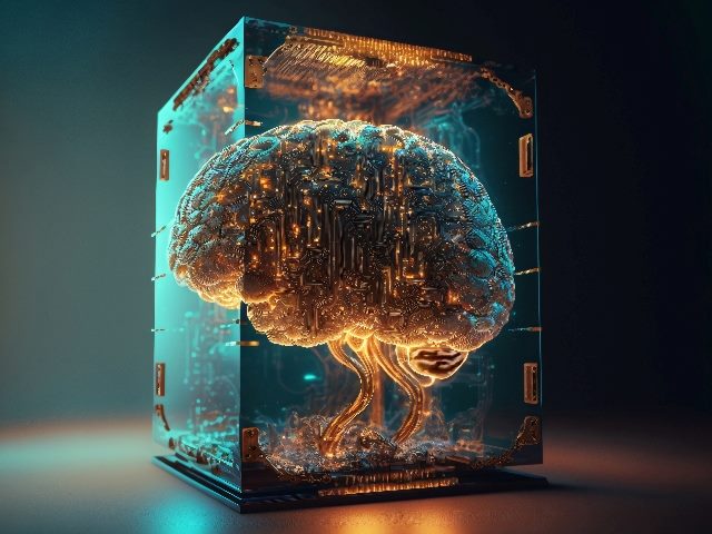 A human brain and computer circuits inside a glass box suggesting the development of artificial general intelligence or AGI.