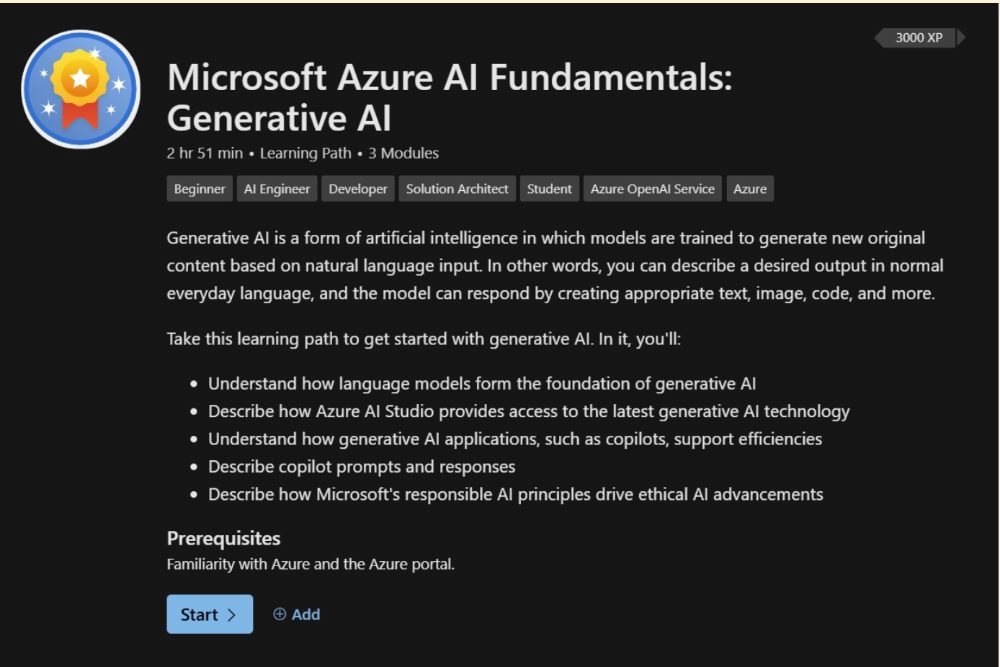 Screenshot of Microsoft's Azure AI Fundamentals Generative AI certification course.