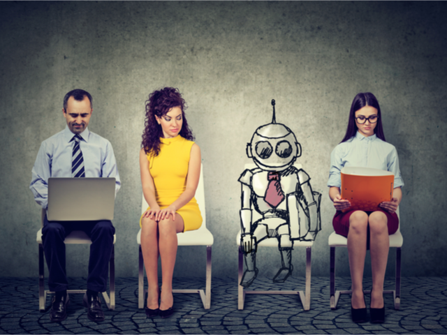 Cartoon robot/AI sitting in line with applicants for a job interview - artificial intelligence concept