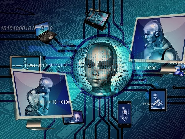 Artificial intelligence bots on computer screens. 