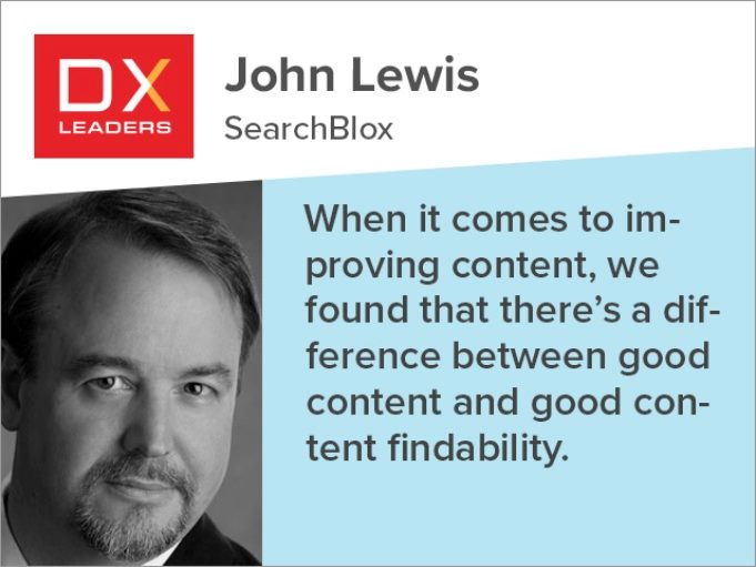 Illustration with headshot of John Lewis to the left. A quote that says, "When it comes to improving content, we found that there’s a difference between good content and good content findability" to the right. And top left is "John Lewis SearchBlox" while top right is DX Summit logo in red with white lettering.