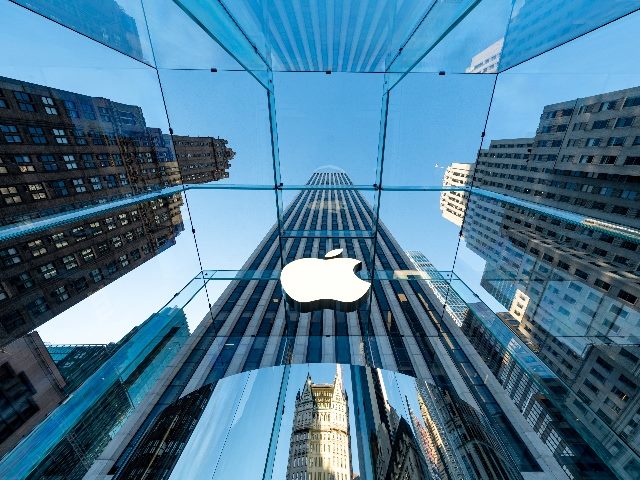 Entrance of the Apple Store on Fifth Avenue in New York City, looking from the ground up. 