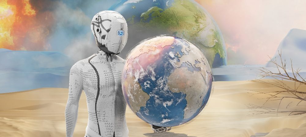 The image portrays a humanoid robot standing in a barren desert landscape. Next to the robot are two globes, one representing a healthy Earth and the other showing a devastated Earth, possibly indicating the contrasting outcomes of technological impact on the environment. The background features a vivid sky with flames on one side and clear blue on the other, further emphasizing the theme of environmental duality. This composition symbolically reflects the critical balance between technological advancement and environmental sustainability in piece about the environmental impact of AI.
