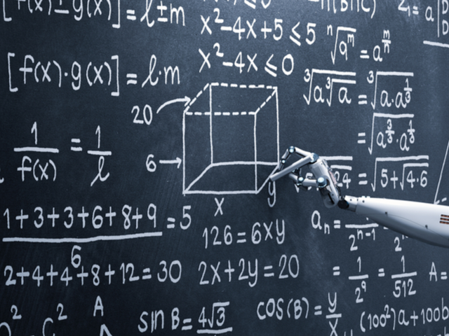 A bobot hand writing algorithms on a chalkboard