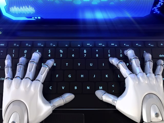 White hands of robot typing on black computer keyboard with white letter and a blue screen.