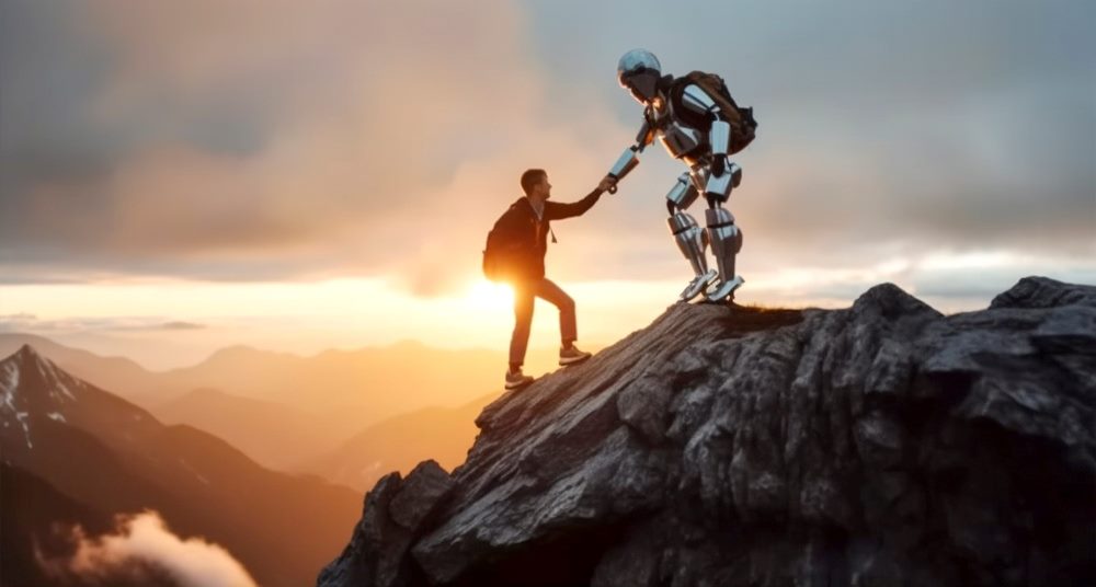 A human hiker reaches out to shake hands with a robot on a rocky mountain peak at sunset, symbolizing the partnership between humans and AI in customer success. The background features a dramatic, cloudy sky with the sun casting a warm glow over distant mountains.