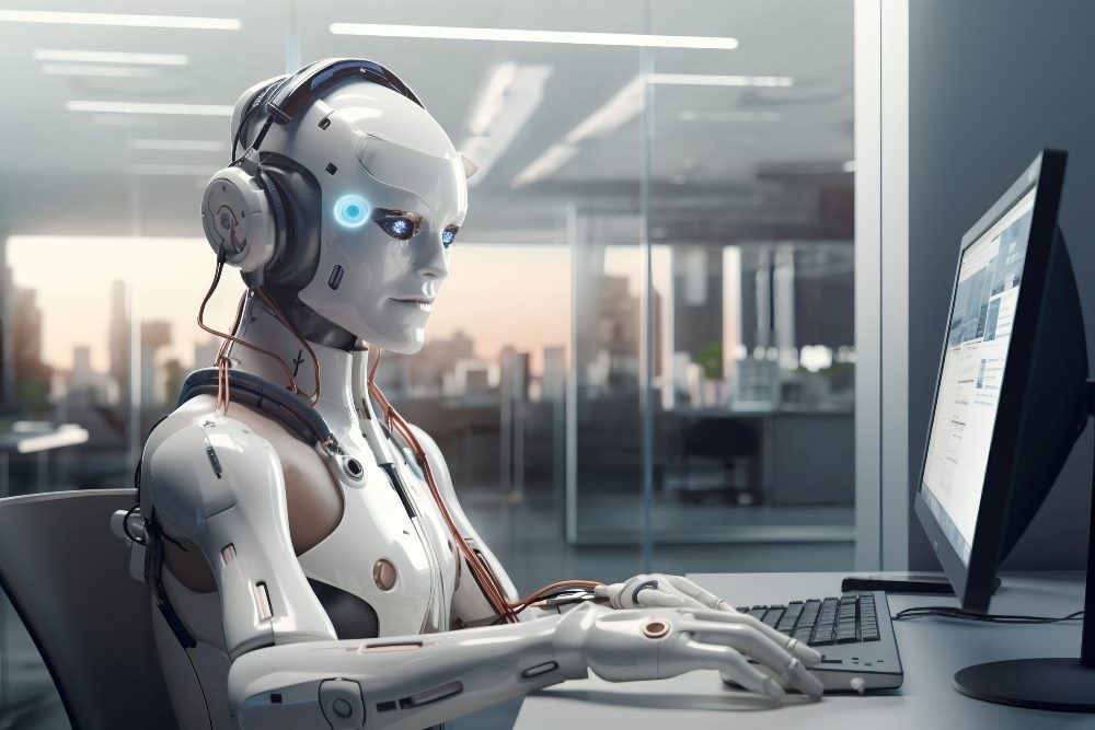 White humanoid robot working at a computer in a corporate office building, signifying a new era of customer interactions thanks to AI.