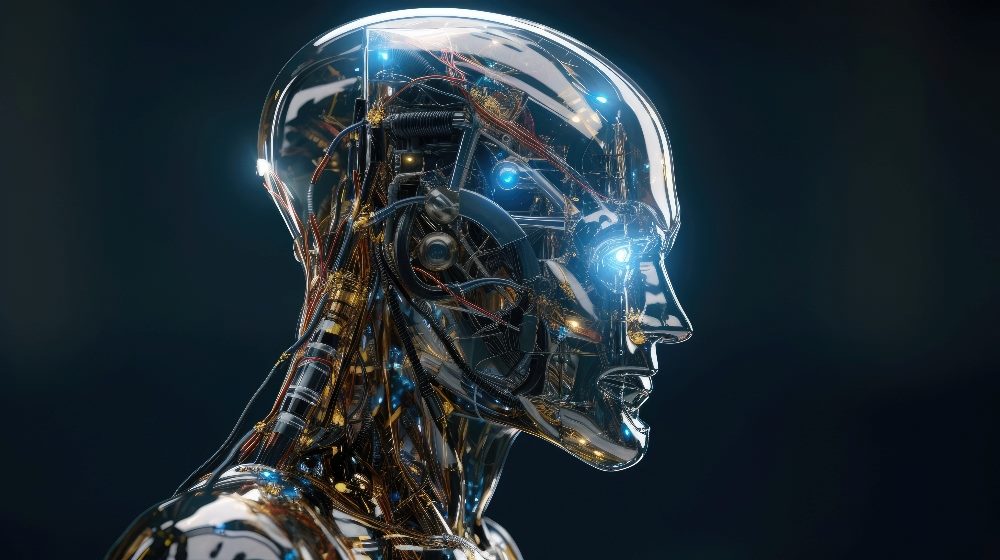 A transparent robot head in a piece about AI transparency and data provenance.