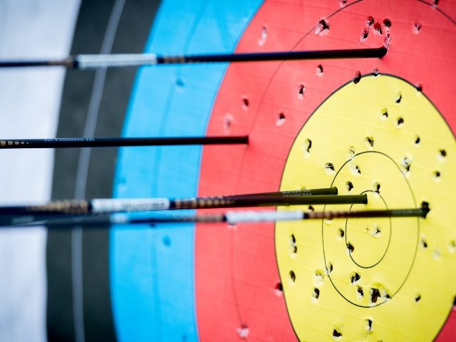 A black, blue, red, and yellow archery target is pierced by several arrows and displays holes from previous arrow piercings.