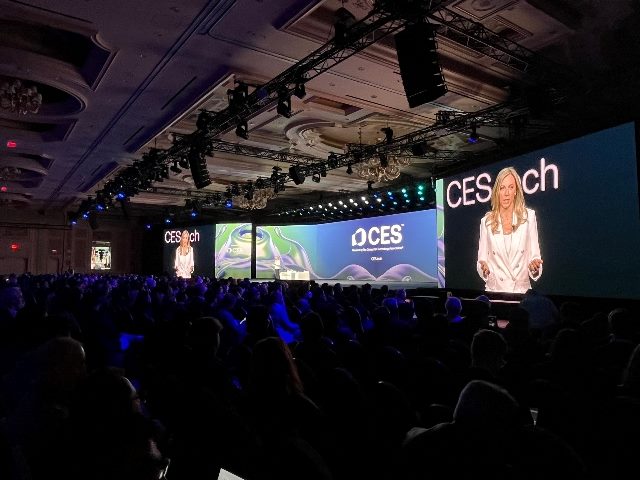 Accenture Chair and CEO  Julie Sweet on stage during a keynote at CES 2025. 