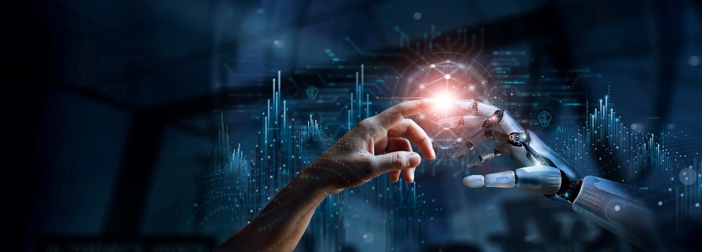 Hands of robot and human touching on big data network connection.