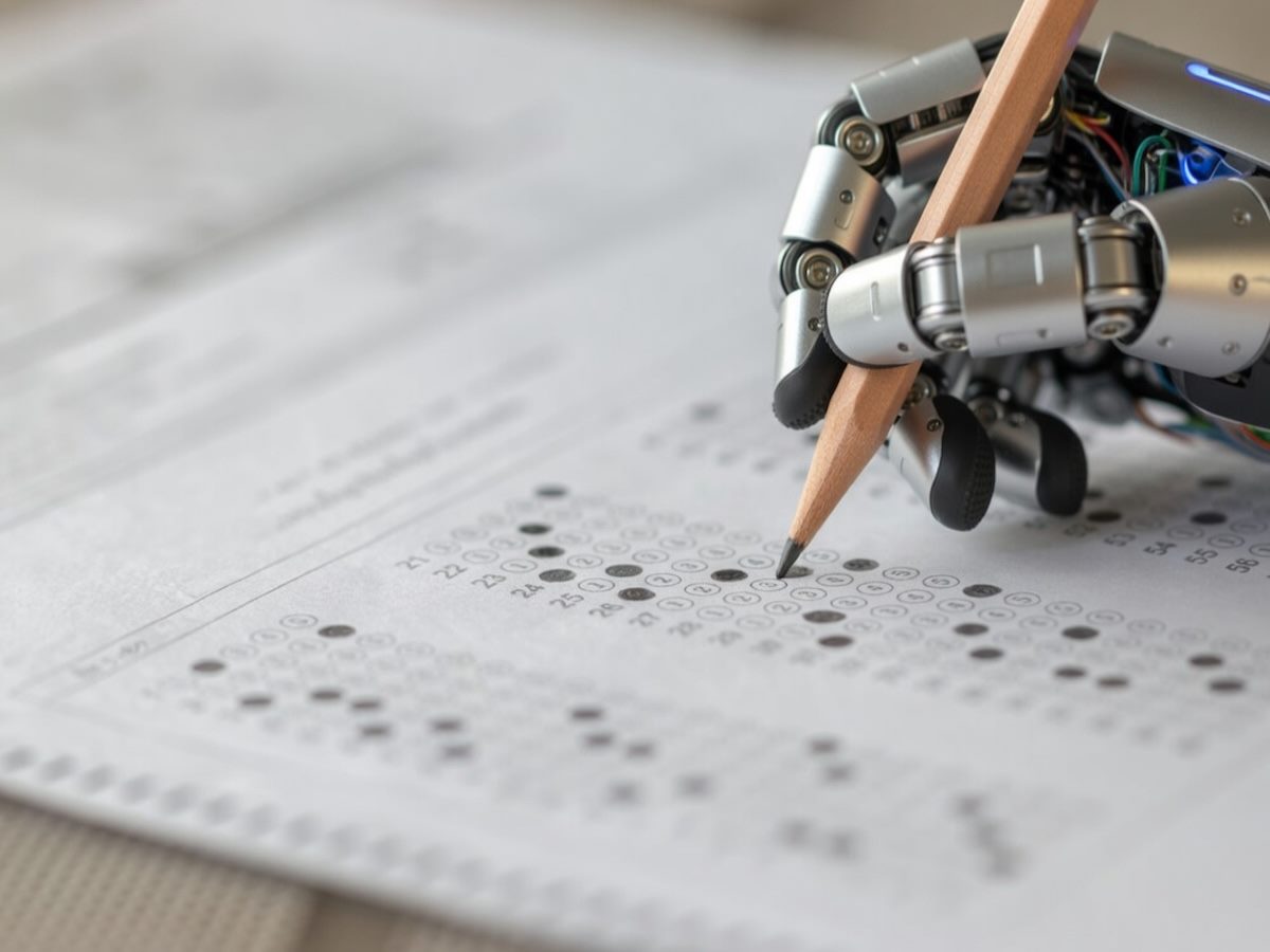 A robot's hand holding a pencil, taking an exam