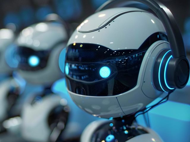AI robots in a contact center, focusing in the foreground on one robot and others in the background.