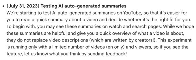 YouTube notice from July 31 on using AI to auto-generate video summaries