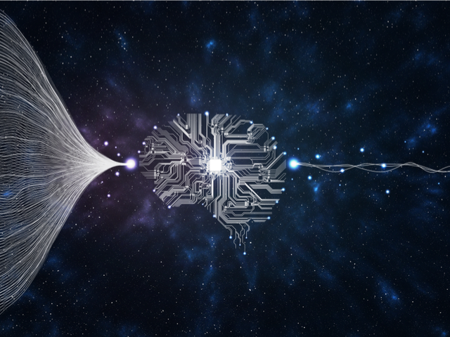A data stream passing into a machine learning and circuit board and out the other side into many other streams on a black starry background